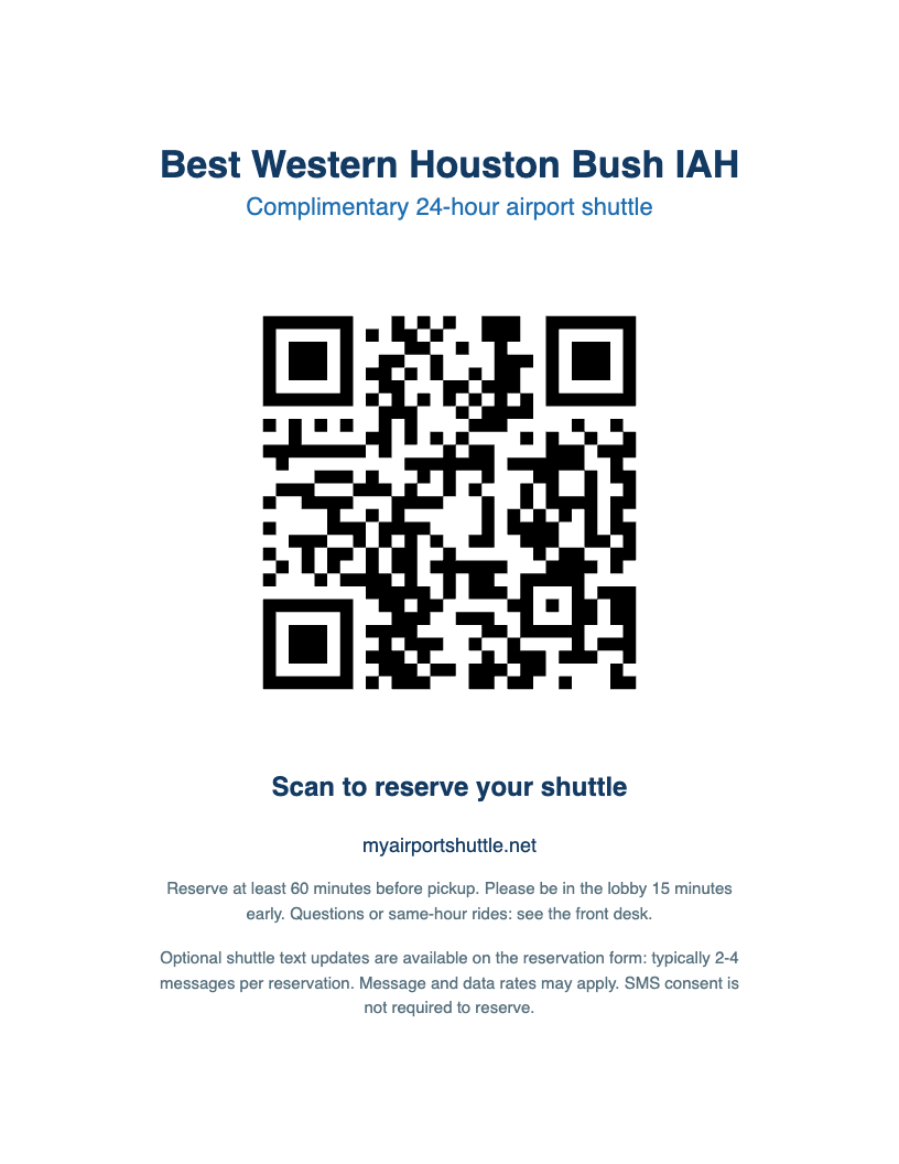 Printed QR reservation card for the Best Western Houston Bush IAH shuttle